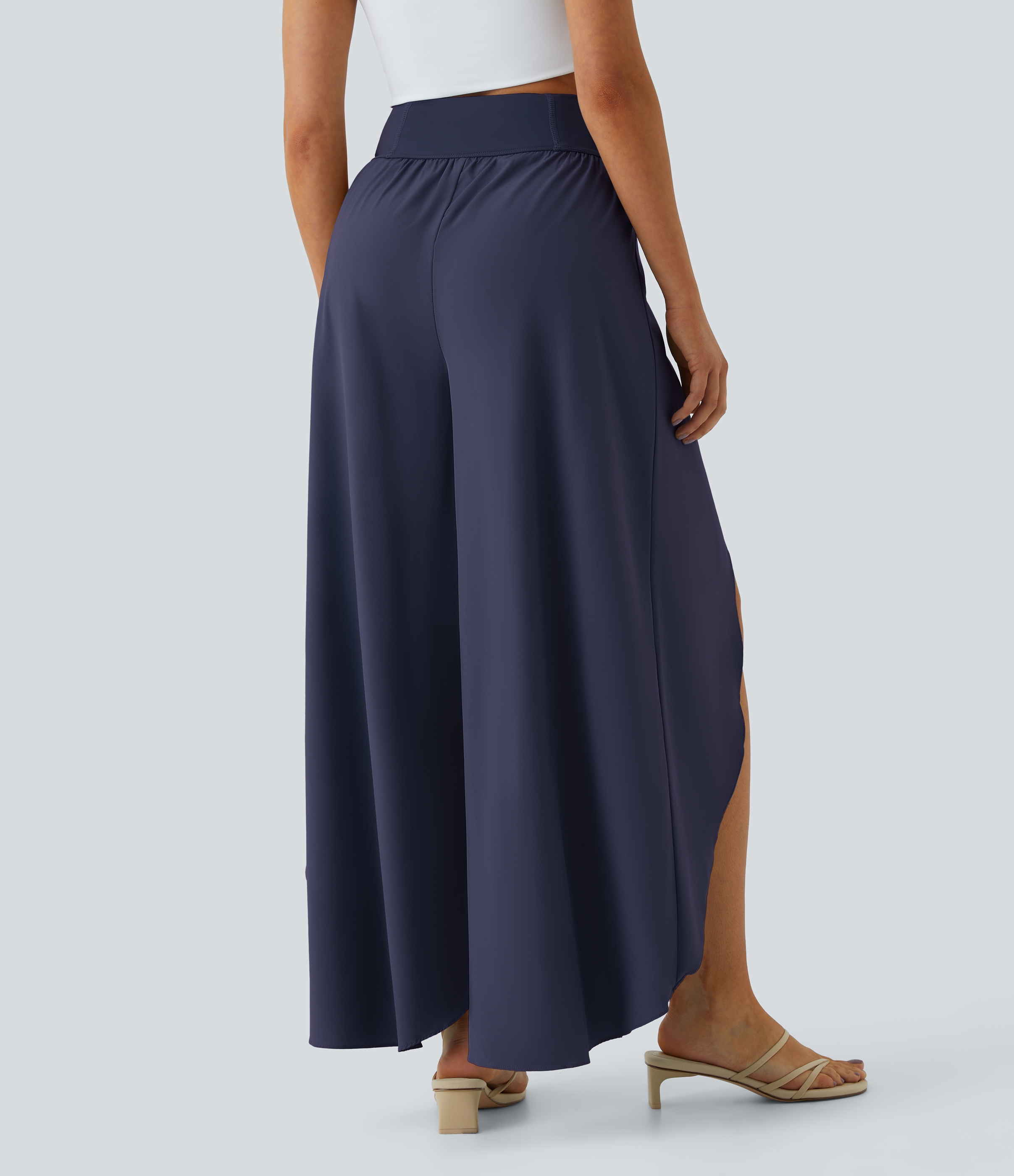 High Waisted Back Waistband Pocket Palazzo Flowy Wide Leg Quick Dry Casual Pants